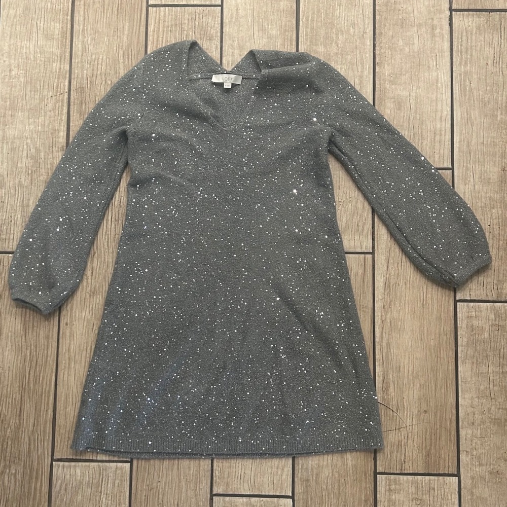 LOFT Gray Sequin Metallic V-Neck Sweater Dress Medium Sparkly Holiday Shift